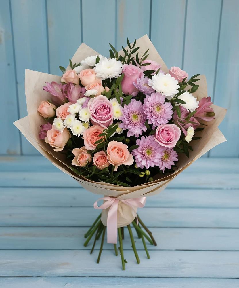 Букет цветов из: Хризантемы, Розы и Альстромерии в Елгозино