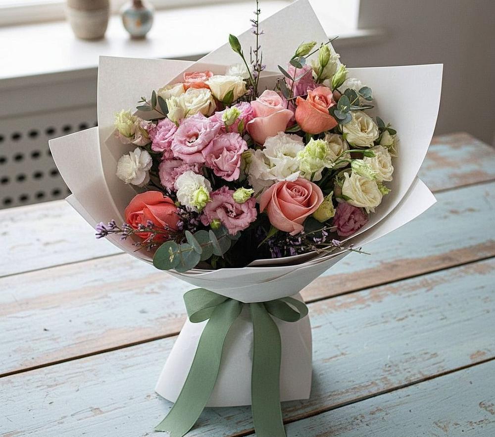 Букет цветов из: Розы, Лизиантусы и Гвоздики в Елгозино