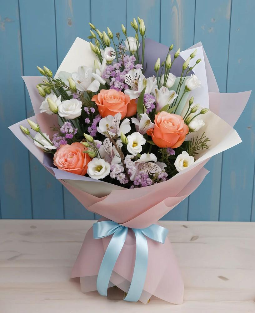 Букет цветов из: Лизиантусы, Розы, Альстромерии и Гипсофила в Елгозино