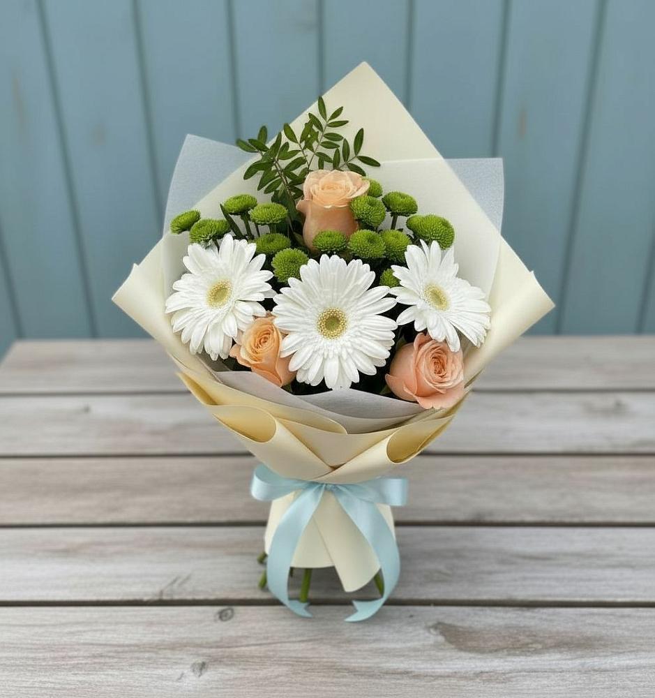 Букет цветов из: Герберы, Розы и Хризантемы в Елгозино