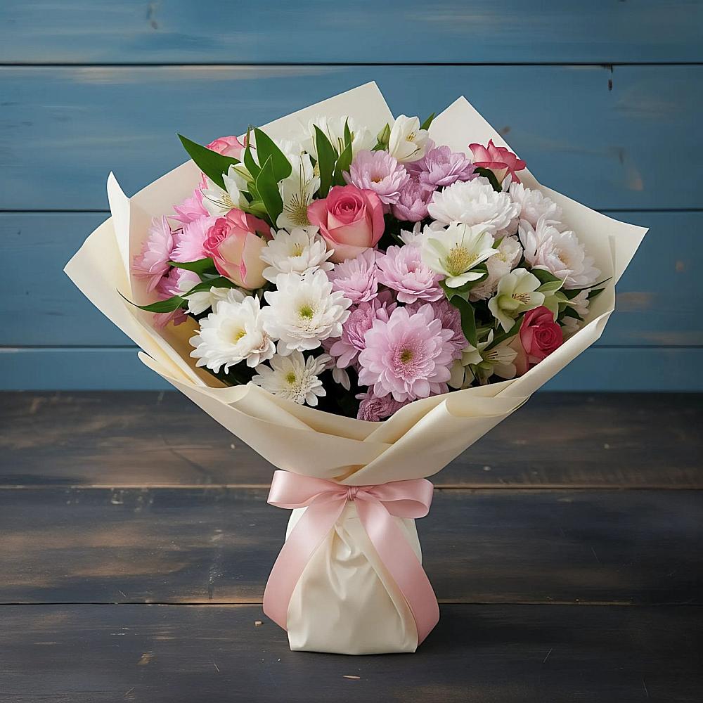 Букет цветов из: Хризантемы, Альстромерии и Розы в Елгозино